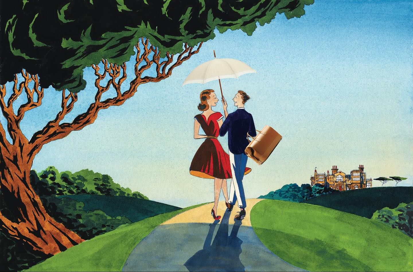 Swaine brand illustration — a couple walking toward an English country estate