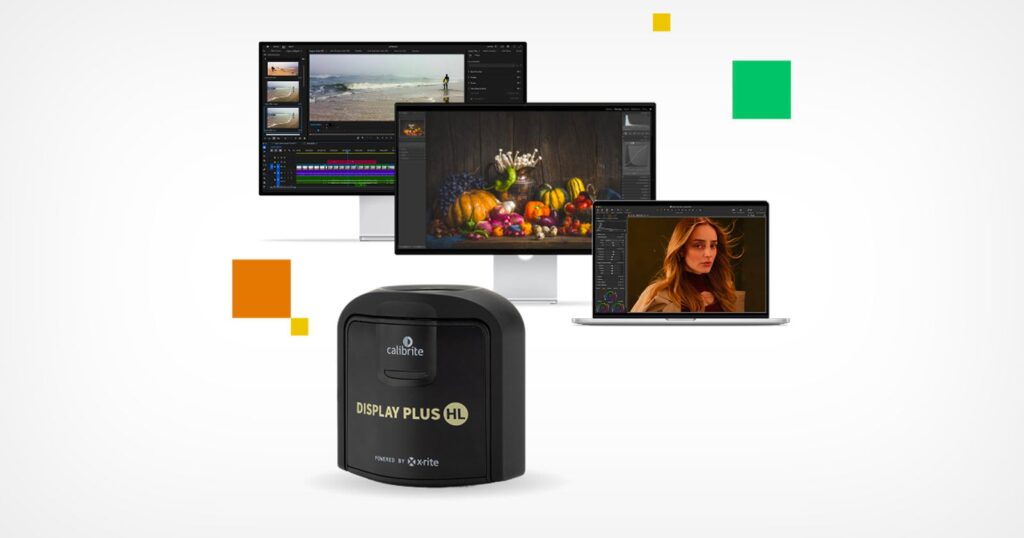 A black Calibrite Display Plus HL device is shown in front of three monitors and a laptop displaying different colorful images and editing software, with colored geometric shapes in the background.