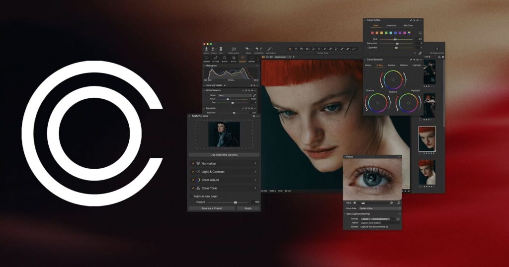 Capture One to Increase All Product Prices By 6% A white circular logo on the left, with several digital photo editing tool panels and windows—showing adjustments, color wheels, and close-ups of faces—overlaid on a blurred red and black background.
