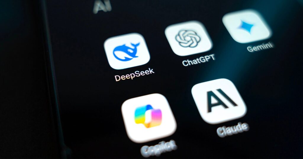 Images, Not Chatbots, Drive Downloads for AI Apps Close-up of a smartphone screen displaying app icons for DeepSeek, ChatGPT, Gemini, Copilot, Claude, and an AI-related app. The icons are clear with distinct logos and names visible.