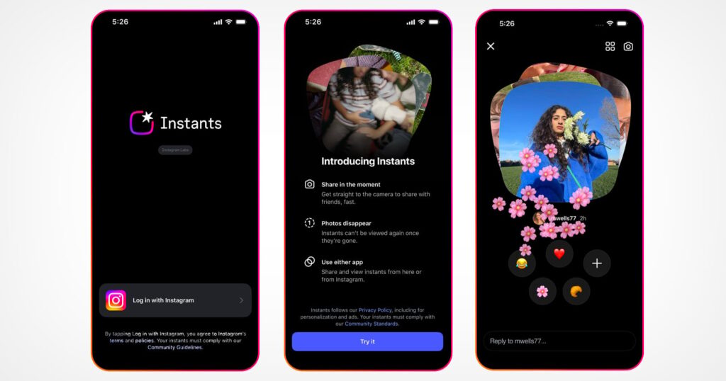 Instagram’s Instants Lets You Share Photos That Disappear After They’re Seen Three smartphone screens show the Instants app: a login page, an introduction screen about sharing photos that disappear, and a photo reply screen with creative flower stickers and emoji reactions.