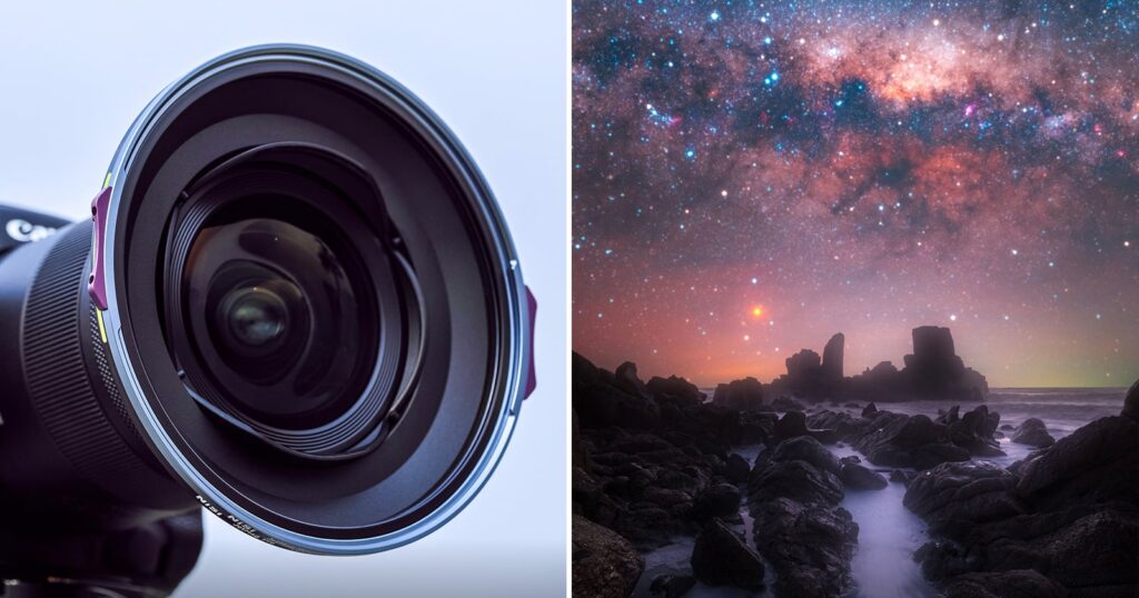 Close-up of a camera lens on the left; on the right, a star-filled night sky with the Milky Way above rocky coastal formations and gentle waves.