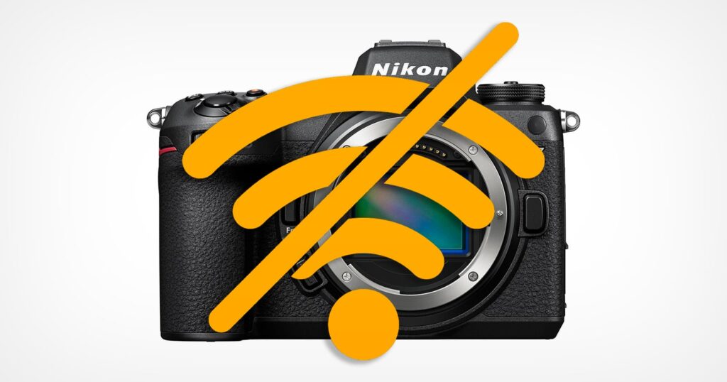 A Special Wireless-Free Nikon Camera Is Publicly Available for the First Time A Nikon camera with a large orange “no Wi-Fi” symbol overlay, indicating a lack of wireless connectivity or Wi-Fi connection issue.