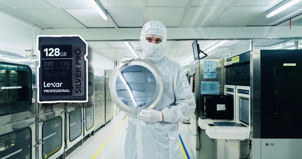 I Visited Lexar in China to Find Out Whether Photographers Can Trust Its Memory Cards A person in a cleanroom suit holds a silicon wafer in a high-tech lab, with a large 128GB Lexar Professional SD card image superimposed on the left.