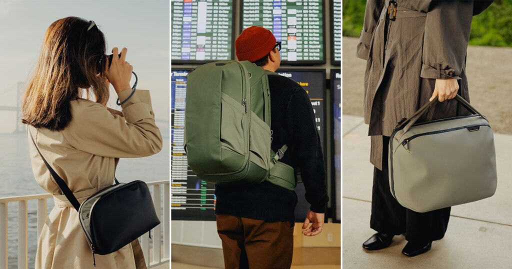 Peak Design’s Four New Travel Line Bags Are Now Available to Everyone A collage of three people using different travel bags: one person with a crossbody bag taking a photo by the water, another with a large backpack checking an airport departures board, and a third holding a briefcase-style bag outdoors.