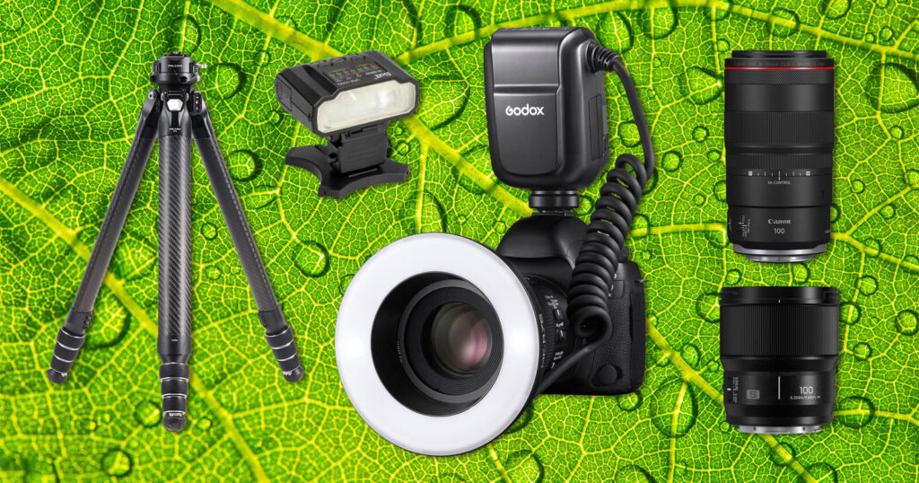 Save Big on Macro Photography Essentials A digital camera with a ring flash, a tripod, a flash, and two camera lenses are arranged on top of a vibrant green leaf with visible veins and water droplets.