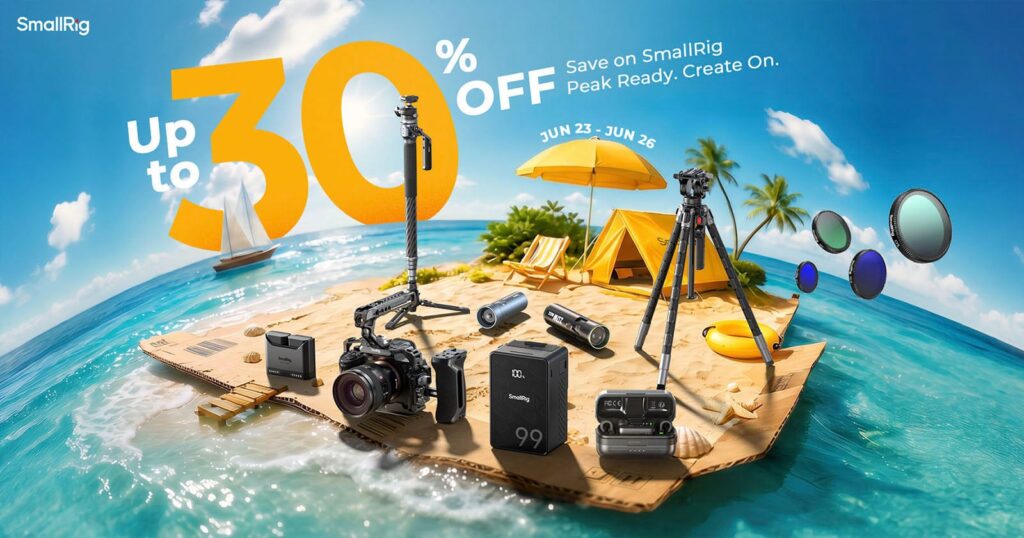 SmallRig’s Prime Day Deals Offer Up to 30% Off Over 40 Photo Accessories A tropical island with camera gear, tripods, and camping equipment promotes up to 30% off SmallRig products. Text reads, “Save on SmallRig. Peak Ready, Create On. June 23–June 26.” Bright, summery scene.