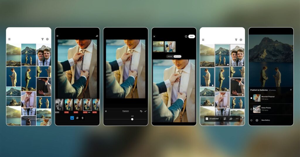 VSCO Launches Studio Pro, a Mobile Photo Editor for High-Volume Photographers A sequence of smartphones displays photo editing steps, from selecting and adjusting a wedding photo of a couple outdoors, to cropping, modifying, and preparing the image for sharing, with mountain scenery in the background.