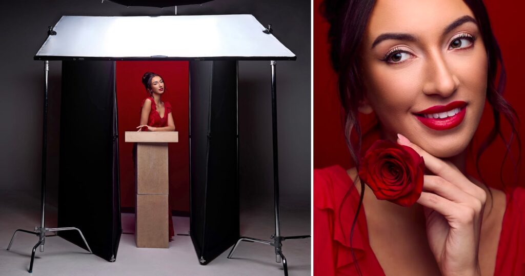A woman in a red dress poses at a podium inside a photo studio setup. A close-up shows her smiling with red lipstick, holding a red rose near her face.