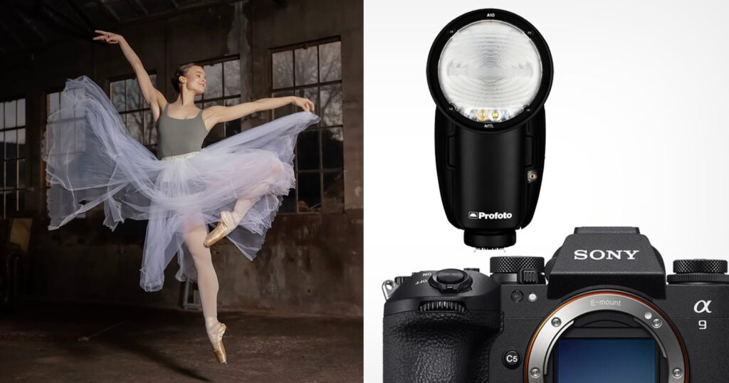 What Profoto’s Expanded Sony a9 III Global Shutter Support Means for Photographers A ballerina in a white tutu dances on pointe in an industrial space. Next to her are product images of a Profoto flash and a Sony Alpha camera.