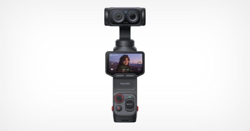 You Can Buy the Luna Ultra Camera Insta360 Only Sorta Unveiled A handheld Insta360 camera with a dual-lens system on top, featuring a touchscreen display showing a woman outdoors, and various control buttons on the handle. The background is plain white.