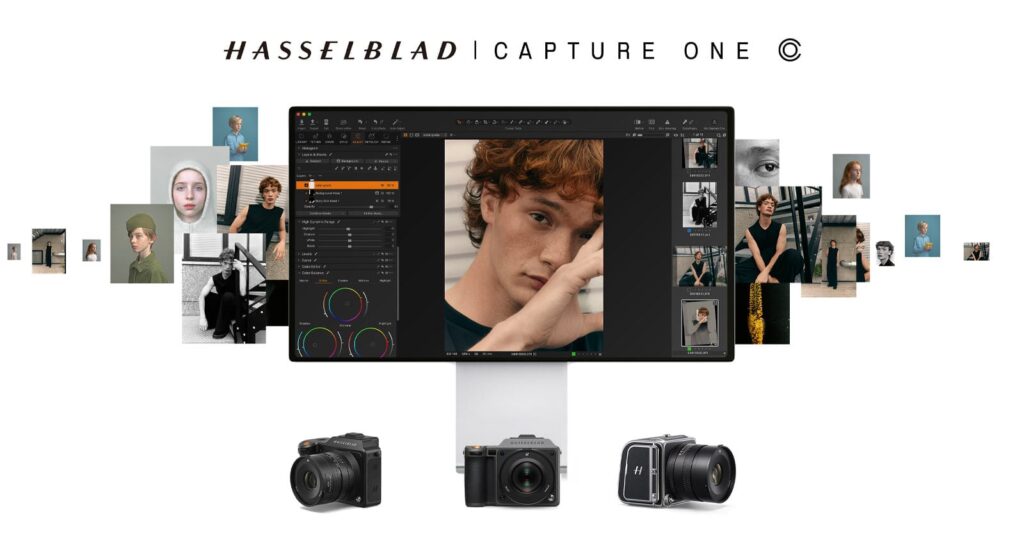 Capture One Now Supports Hasselblad Photos, With Tethering Coming Soon A computer monitor displays photo editing software with a portrait of a young man. Surrounding the monitor are various portrait photos, and below it are three Hasselblad cameras. The text reads "HASSELBLAD CAPTURE ONE.