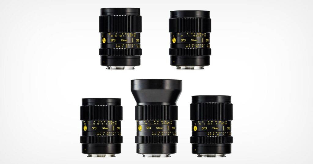 Cooke Brings Its Acclaimed AP3 and SP3 Cinema Primes to Nikon Z-Mount Five black Cooke SP3 cinema lenses arranged in two rows against a white background, showing their focal lengths of 25mm, 32mm, 50mm, 100mm, and 75mm.