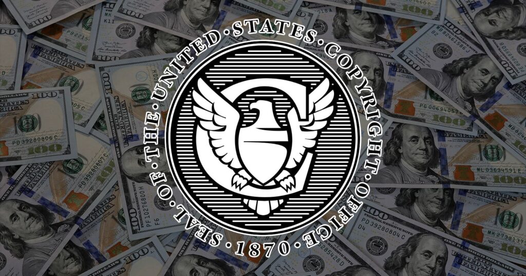 Copyright Office Will Increase Photo Registration Cost by 55% in 120 Days The black-and-white seal of the United States Copyright Office appears overlaid on a background of scattered 100-dollar bills. The seal features an eagle and the text “Seal of the United States Copyright Office 1870.”.