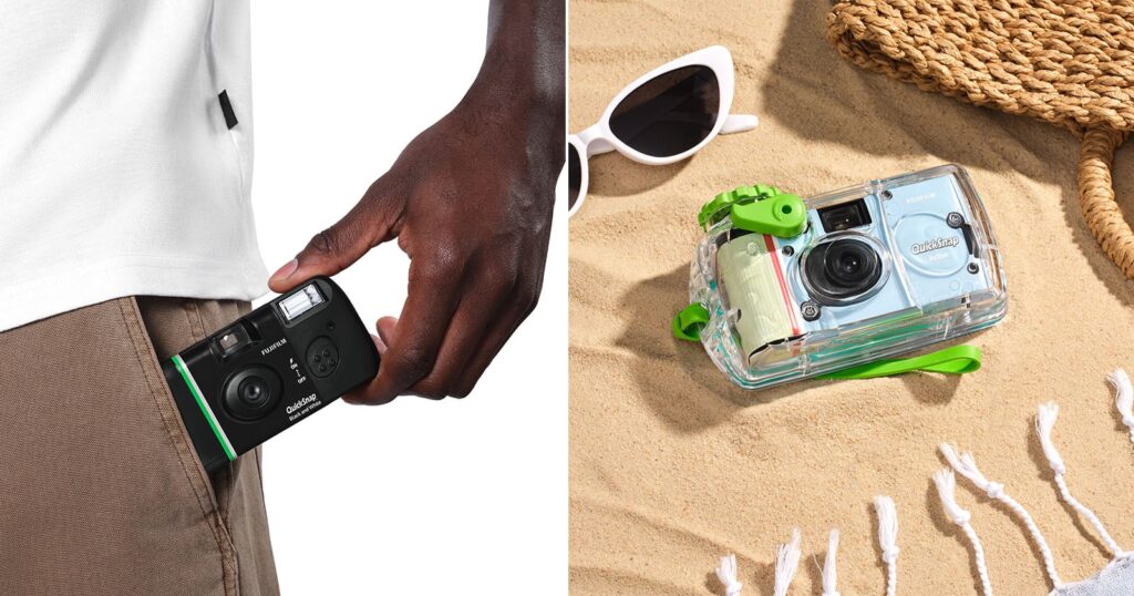 Fujifilm’s QuickSnap Film Camera Series Gets a Pair of New Models Split image: On the left, a hand slips a black camera into a pocket. On the right, a camera in a clear waterproof case rests on sand beside sunglasses and a woven bag.