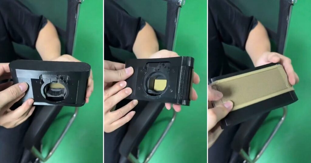 Light Lens Lab Is Making an All-New Film Camera Three-panel image showing hands demonstrating a small black device with a circular opening, held above a chair. The third panel reveals a tan, textured surface on the device’s back.