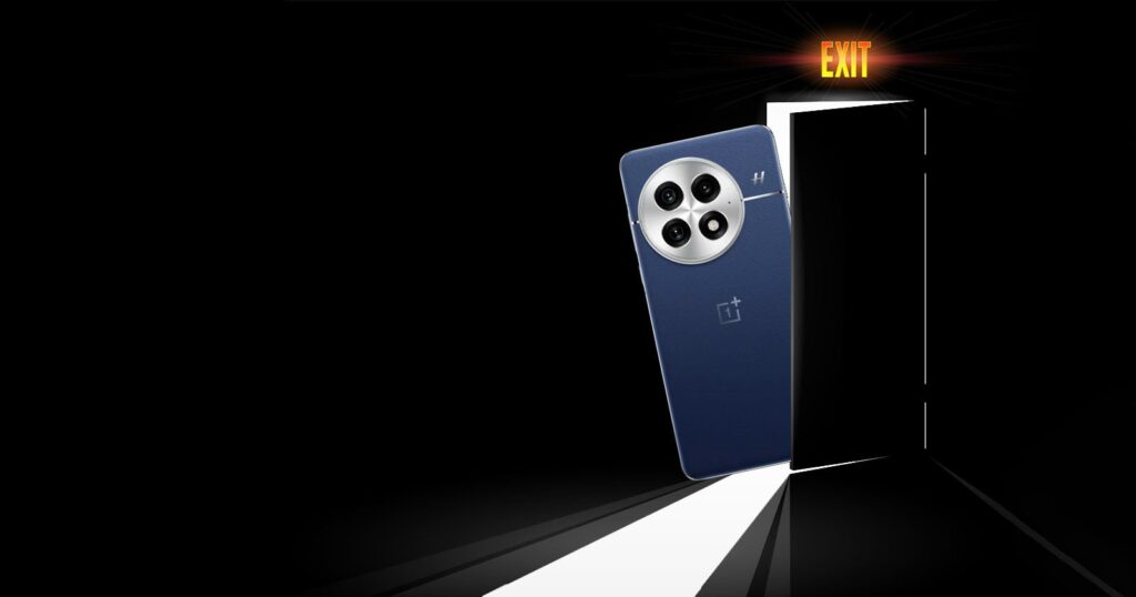 OnePlus Exit Means Fewer Options in a Market Mired by Lack of Choice A OnePlus 13 smartphone comically exits through a door against a dark background