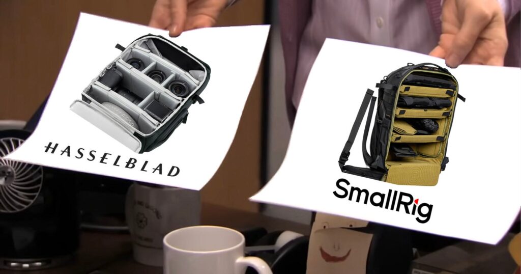 SmallRig’s New Backpack Copy-Pasted the Hasselblad Vandra’s Design A person holds two papers: one shows a Hasselblad camera bag with compartments for gear, the other shows a SmallRig camera bag with organized sections.