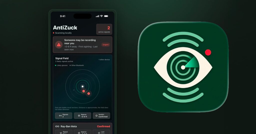 A smartphone screen displays the AntiZuck app interface with alerts and a radar graphic. Next to it is the app's green icon featuring an eye with circular waves and a red dot.