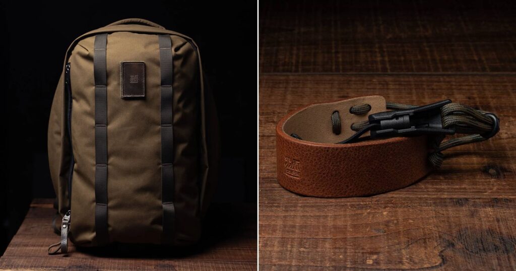 Wotancraft Debuts Bigger EasyPack Bag and Clever Quick-Release Camera Strap A brown backpack with dark straps sits on a wooden surface; next to it, a brown leather keychain with a clasp and paracord is displayed on the same wood background.