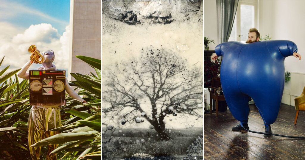 18 Photos From the 167th Edition of the World’s Longest-Running Photography Exhibition A triptych showing a person in a boombox costume playing a trumpet, a textured black-and-white tree, and a man in a blue suit.