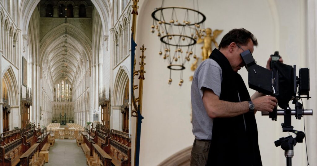 Magnum Photographer Spent Three Years Documenting All 42 of England’s Anglican Cathedrals A split-screen image showing a Canada goose gosling jumping from a high nest built on a post and falling through the air.