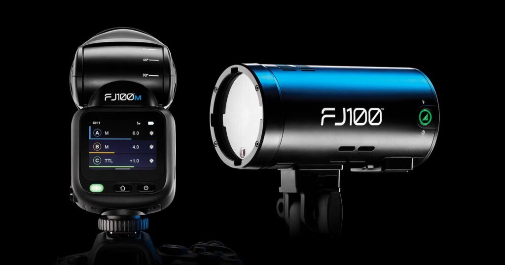 Wescott’s New FJ100 Strobe and Speedlight Are its Most Compact Wireless Lights Yet A Westcott FJ100M camera-mounted flash trigger on the left and an FJ100 strobe light on the right against a black background.