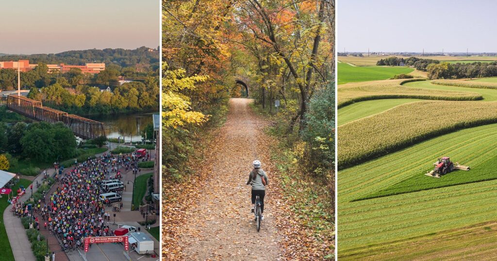 How This Photographer Turned Drone Photography Into a Creative Advantage A three-panel collage showing a large group of cyclists at a starting line, a person cycling on a leaf-covered trail, and a tractor working in a field.
