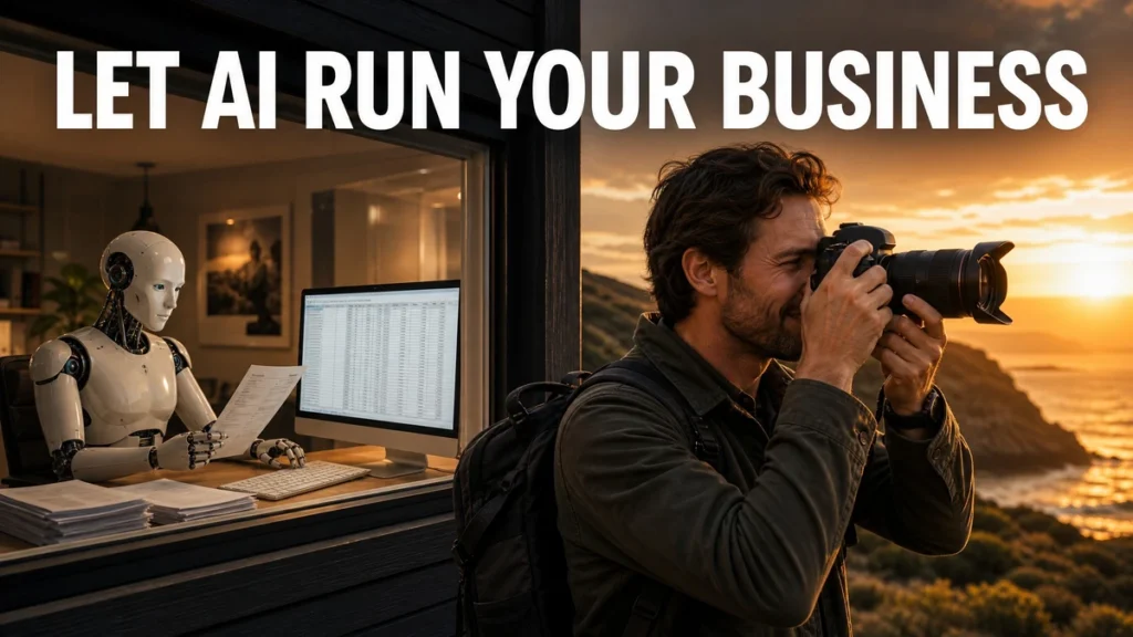 Humanoid robot at a desk beside a bearded photographer shooting at sunset, under the headline 'LET AI RUN YOUR BUSINESS'