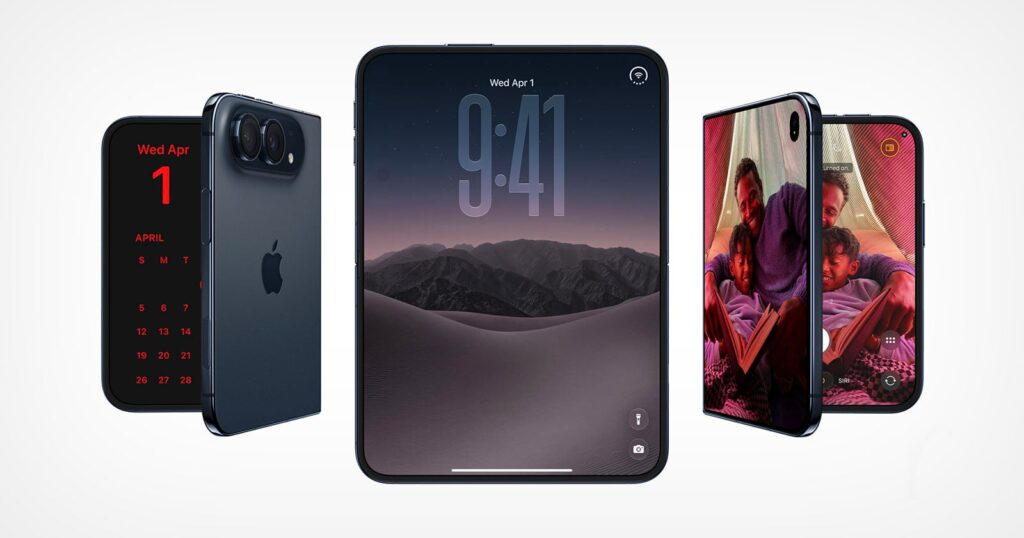 Three views of a foldable smartphone concept: a closed device showing a calendar, an open device with a lock screen, and a partially folded device displaying a photo.
