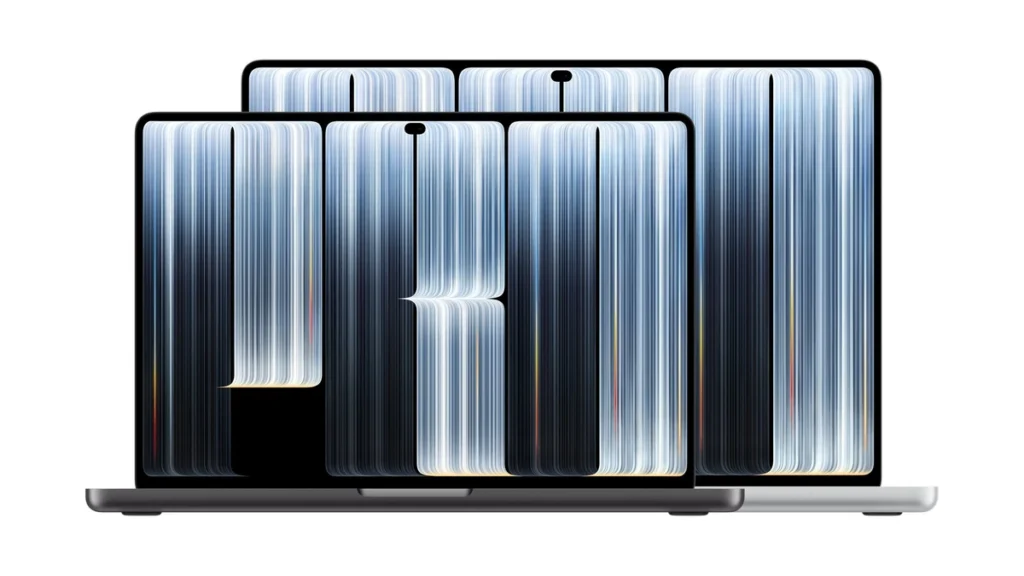 Product render of two open laptops, one dark and one silver, showing vertical blue and white light-streak wallpaper on white background