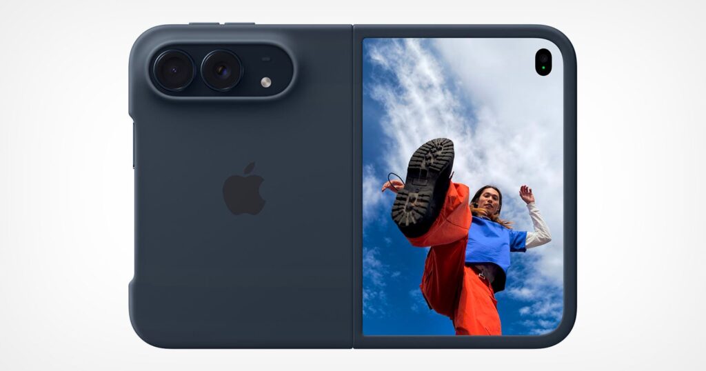 Apple’s iPhone Duo Case Has Adhesives and That’s Actually Normal A dark blue, foldable smartphone shown from the back, featuring a dual-camera module and a vertical screen displaying a person kicking toward the camera against a blue sky.