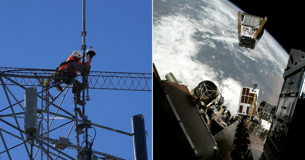Cameras on Earth and in Space Form the Frontline of Wildfire Defense A split-screen image shows a technician working on a high-altitude communications tower on the left and a satellite floating above Earth on the right.