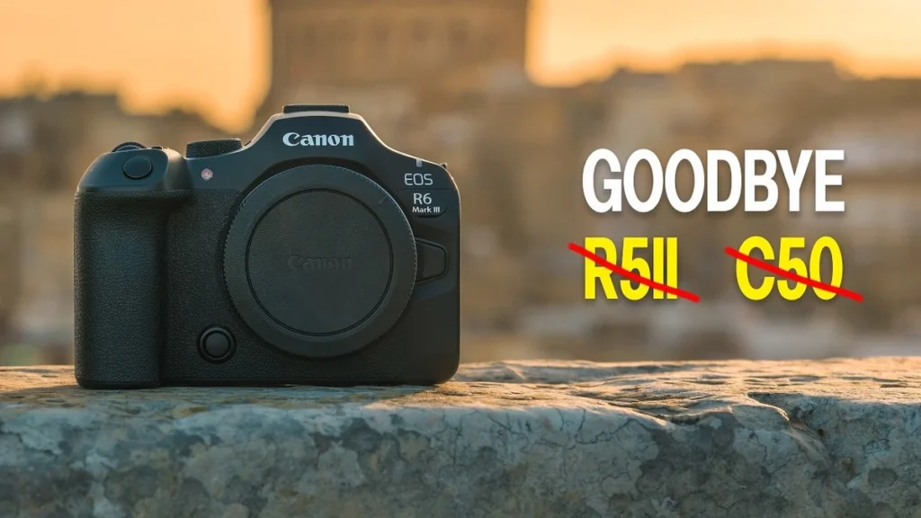 Canon EOS R6 Mark III camera body on a stone ledge at golden hour, with 'GOODBYE' and crossed-out R5 II and C50 text overlaid.