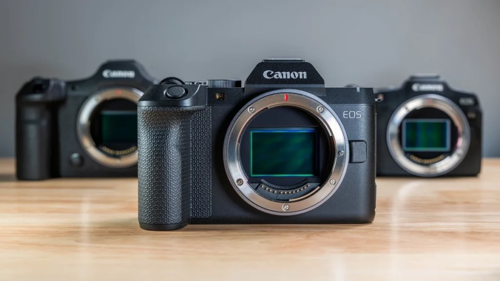 Three Canon EOS mirrorless camera bodies without lenses on a wooden table, with sensors visible through the open lens mounts