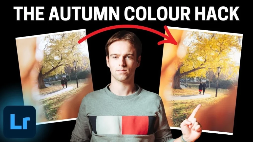 Edit Autumn Foliage in Lightroom Without Oversaturating Thumbnail comparing a before and after autumn park photo edit, with a man pointing at the vivid yellow-toned result on the right.
