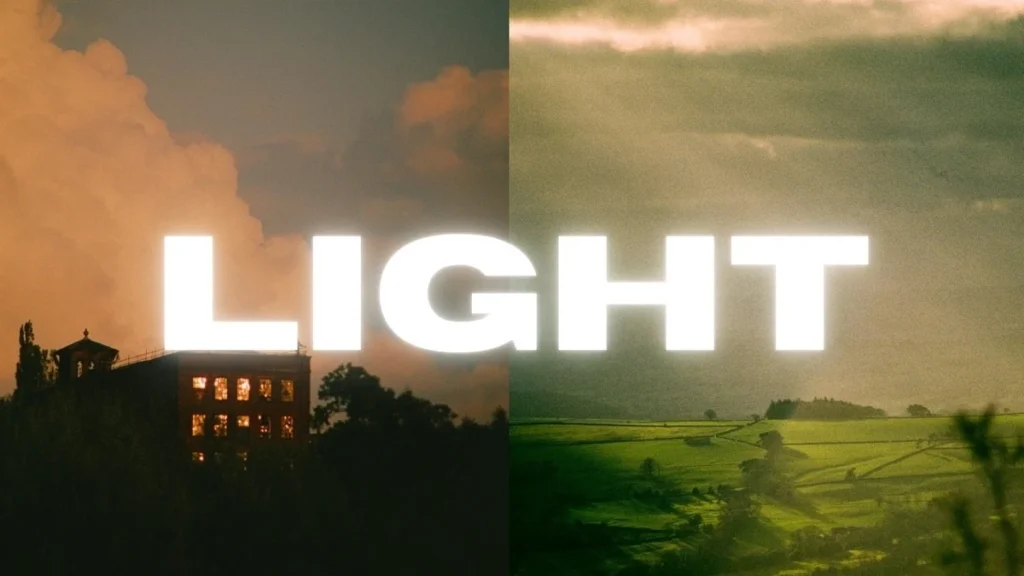 How to Get Good Photos in Harsh or Flat Light Split-frame image: glowing mill windows at dusk on left, green farmland in hazy light on right, white text reading LIGHT.