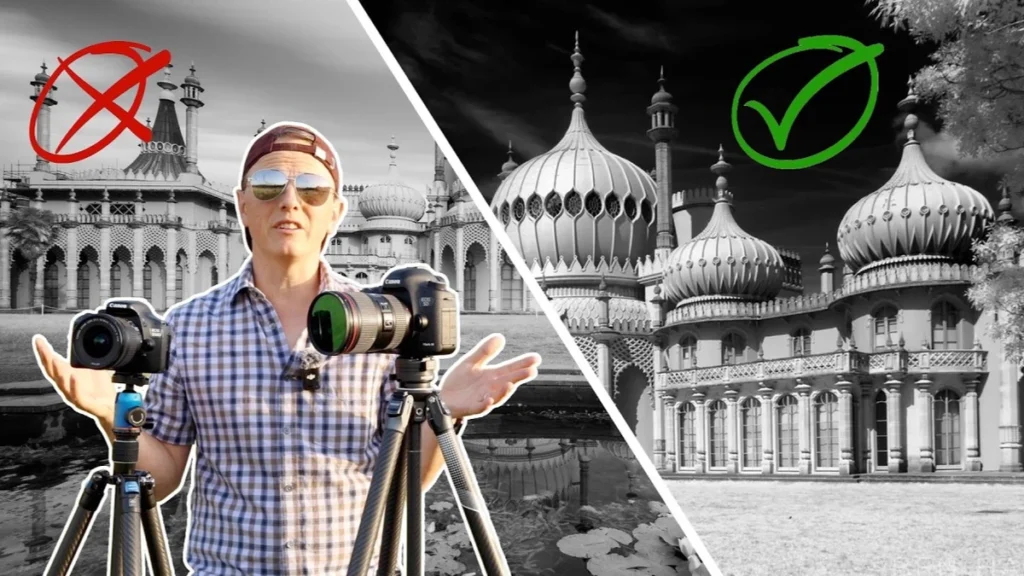 Infrared Conversion vs Filter: Which Route Works? Man gesturing beside two tripod-mounted cameras, comparing a rejected monochrome palace shot with an approved one