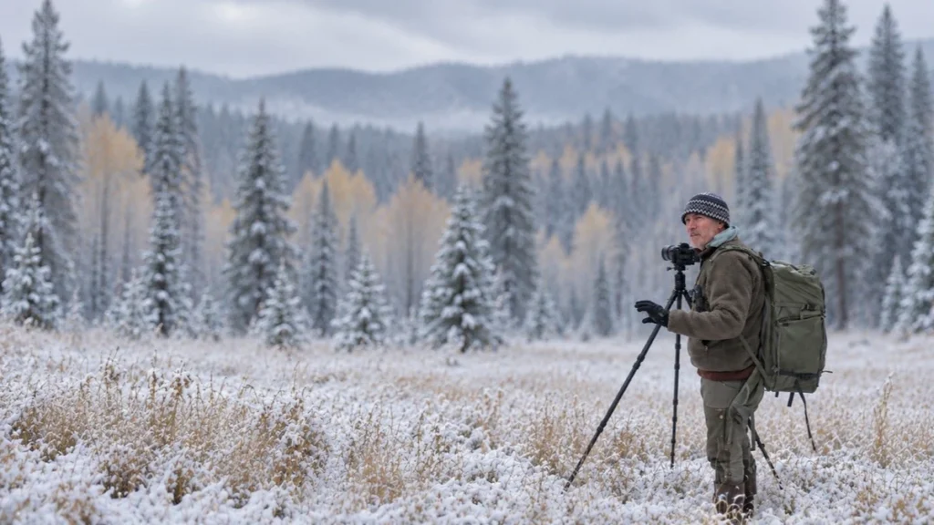 Intimate Landscapes in Compromised Terrain Photographer with a tripod and camera in a snowy meadow, backed by frosted evergreens and golden aspens
