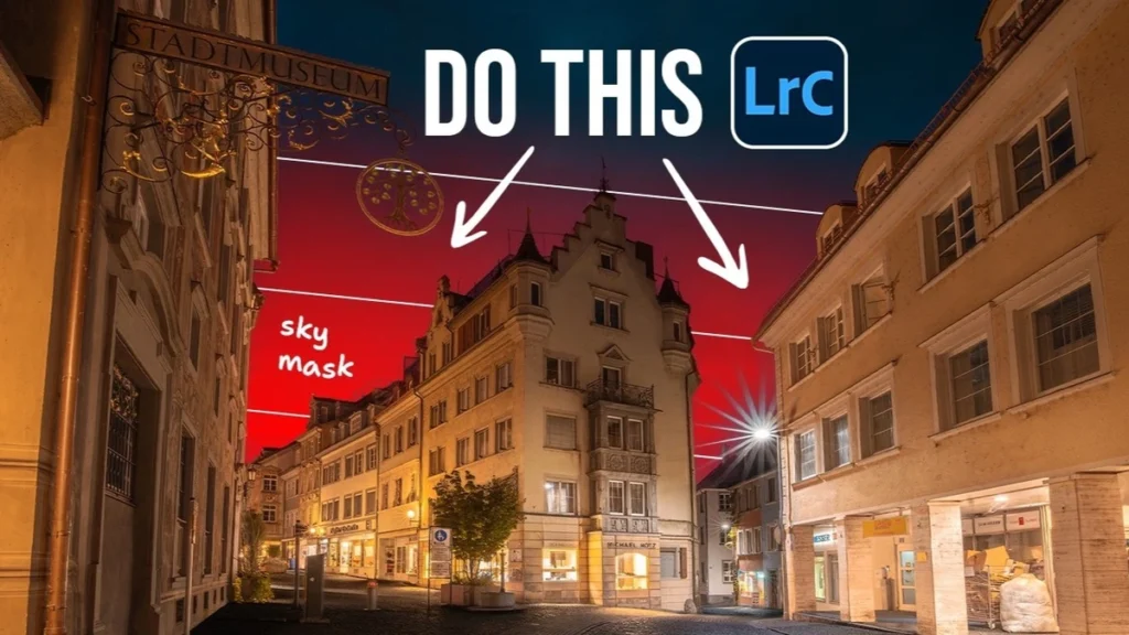 Inverted Mask Trick for Cleaner Skies Lightroom tutorial thumbnail: night street scene with the sky highlighted in red as a mask, with 'DO THIS' text.