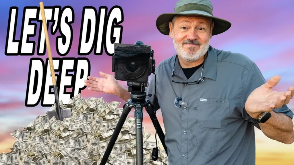 Bearded man in a bucket hat shrugs beside a tripod-mounted camera in front of a pile of cash and a shovel.