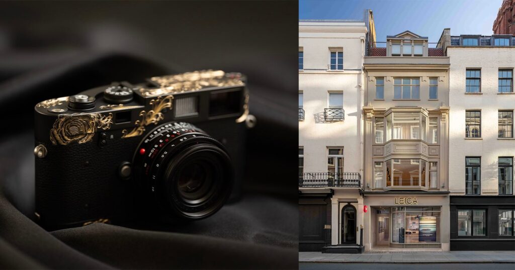 Leica’s New Flagship Store in London Comes With a Limited Edition M-A Camera A split-screen view showing a black camera with gold floral engravings on the left and a Leica storefront on the right.