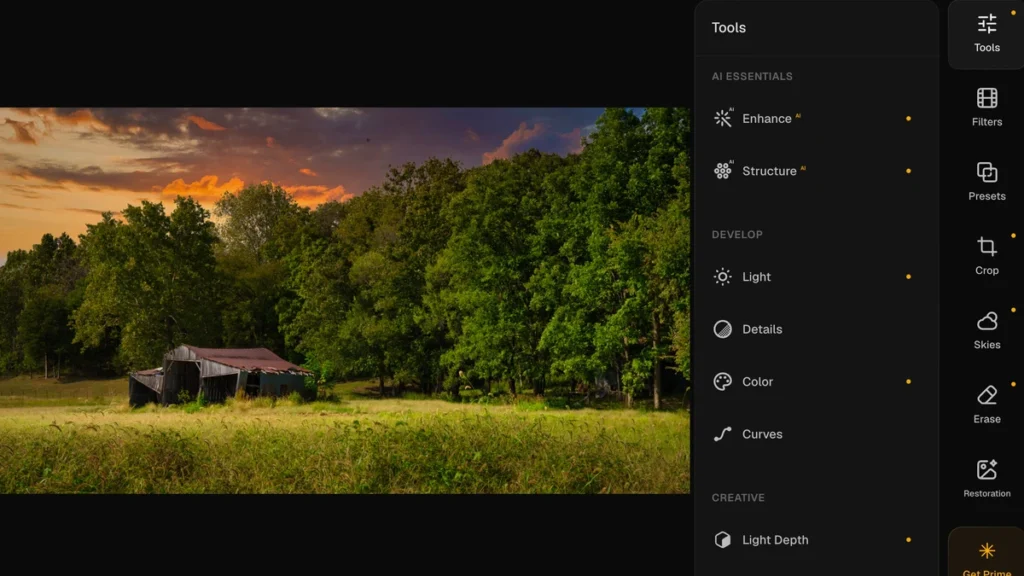 Luminar Web: Browser-Based Raw Editing With AI Tools Screenshot of a photo editing software interface showing tools panel with adjustment options