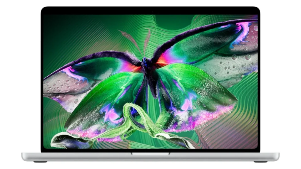 MacBook Pro OLED Display: The Best Screen for Photographers Silver laptop, viewed head-on, with a screen showing an iridescent green and purple butterfly artwork over a wavy green background.