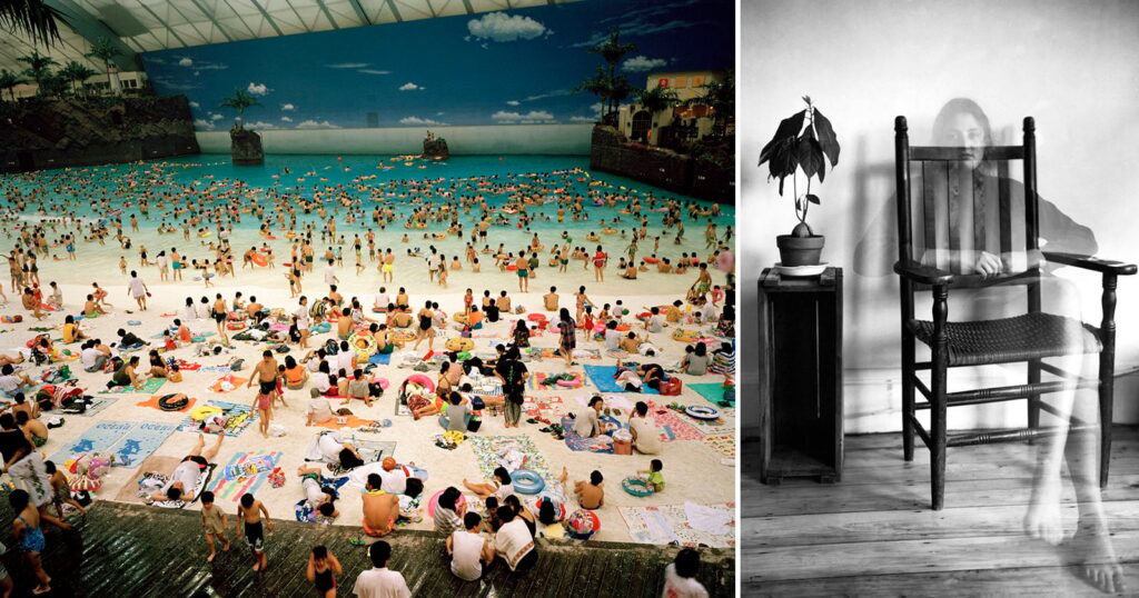 Magnum’s ‘Fact/Fiction’ Square Print Sale Lets You Buy Signed Prints From Famous Photographers A split-screen image showing a crowded indoor beach with a painted sky backdrop on the left and a ghostly, translucent figure sitting on a wooden chair next to a potted plant on the right.
