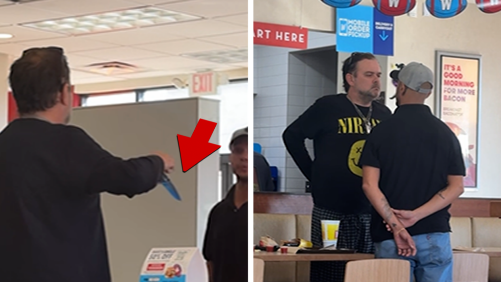 Man Pulls Massive Knife Out in Heated Confrontation at L.A. Wendy’s on Video Man Pulls Massive Knife Out in Heated Confrontation at L.A. Wendy's on Video