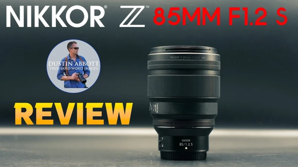 Video review thumbnail showing the Nikon Z 85mm f/1.2 S lens standing upright on a dark surface with bold 'REVIEW' text.