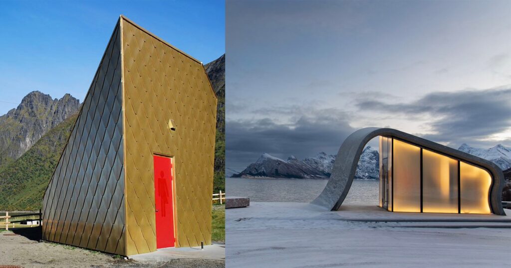 A split-screen view showing a gold-tiled, angular building with a red door on the left and a curved, illuminated concrete structure on the right, both set against mountainous landscapes.