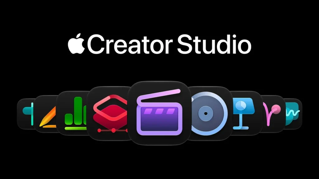 Apple Creator Studio logo above a curved row of app icons, with the purple clapperboard icon centered and enlarged.