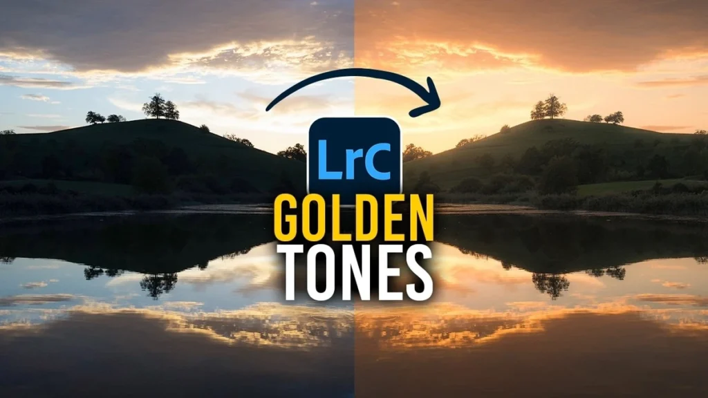 Raising Blacks for Sunset Glow in Lightroom Side-by-side landscape comparison showing LRC Golden Tones editing technique applied to sunset reflection scene